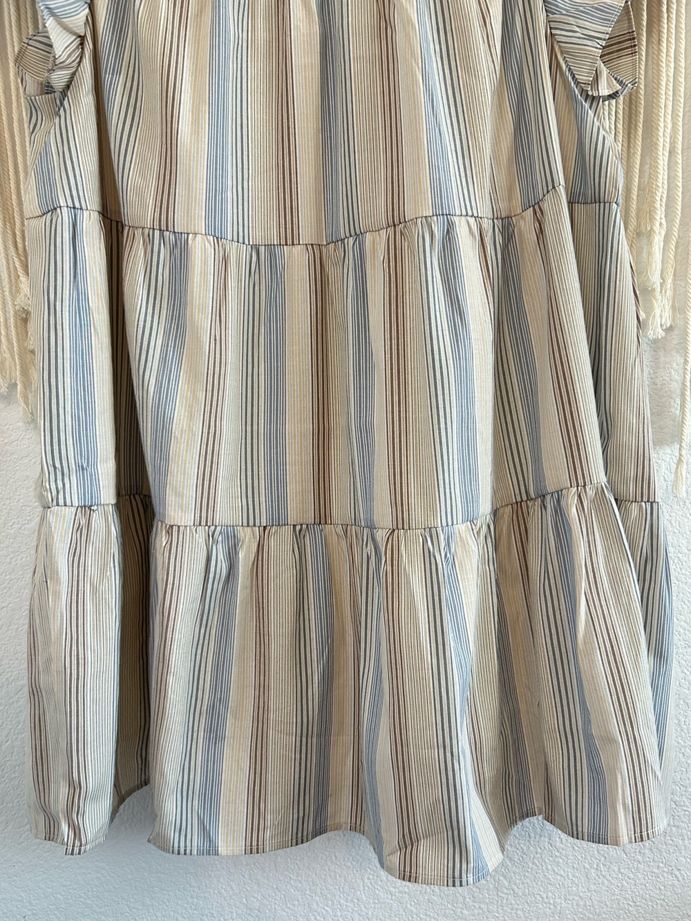 PERCH Striped Tiered Flutter Sleeve Mini Dress Blue & Taupe Flowy Babydoll Dress - Picture 6 of 16